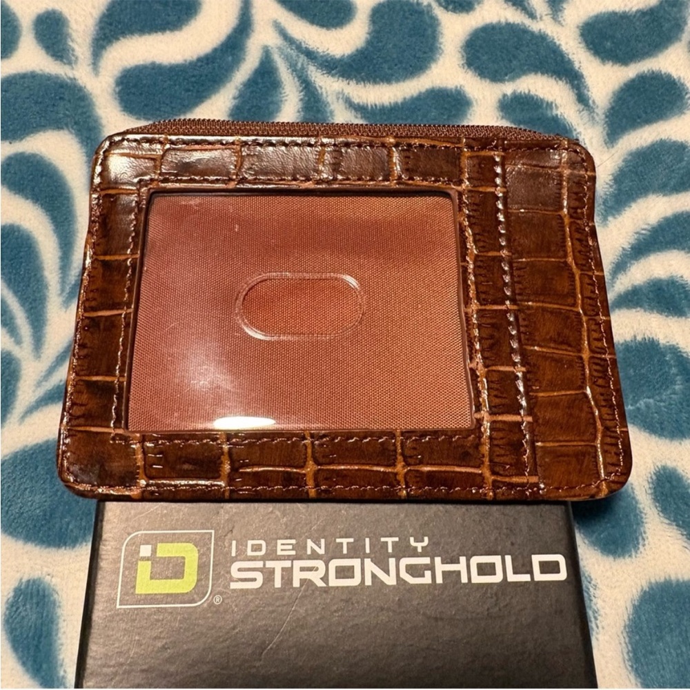ID Stronghold Vegan Leather RFID Blocking Mini Wallet Brown Croc Embossed NEW - Picture 4 of 8